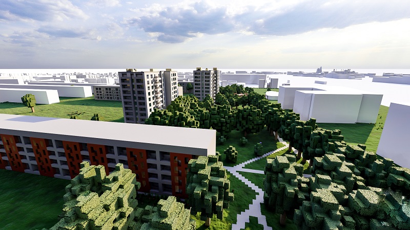 Grafika przedstawiająca Osiedle Podwawelskie odwzorowane w grze Minecraft