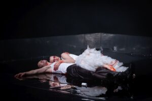 A photograph showing a theatrical performance that used artificial blood produced at our university.