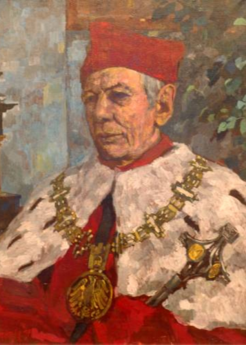 Portret rektora Józefa Nizioła w todze, birecie i łałcuchu