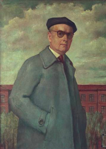 Profesor Ludomir Sleńdziński w szarym płaszczu i szarym berecie