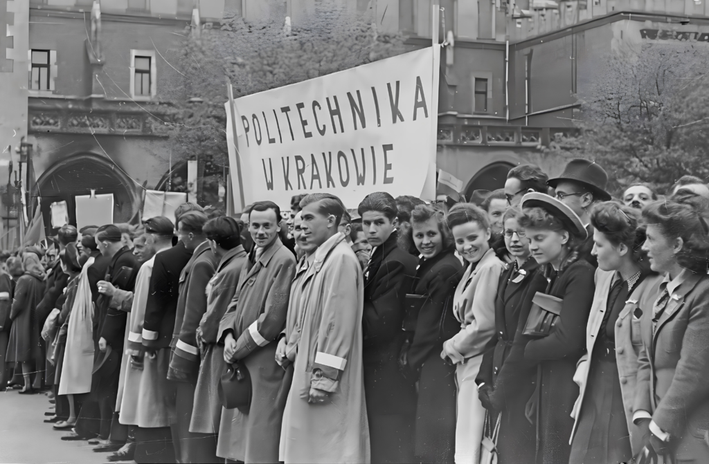 Czarno-białe stare zdjęcie przedstawiające grupę młodych osób podczas jakiegoś marszu lub protestu. Trzymają oni biały transparent z napisem "Politechnika w Krakowie".