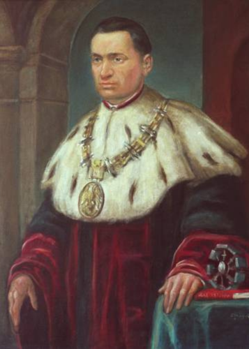 Portret rektora Władysława Muszyńskiego w todze i łańcuchu