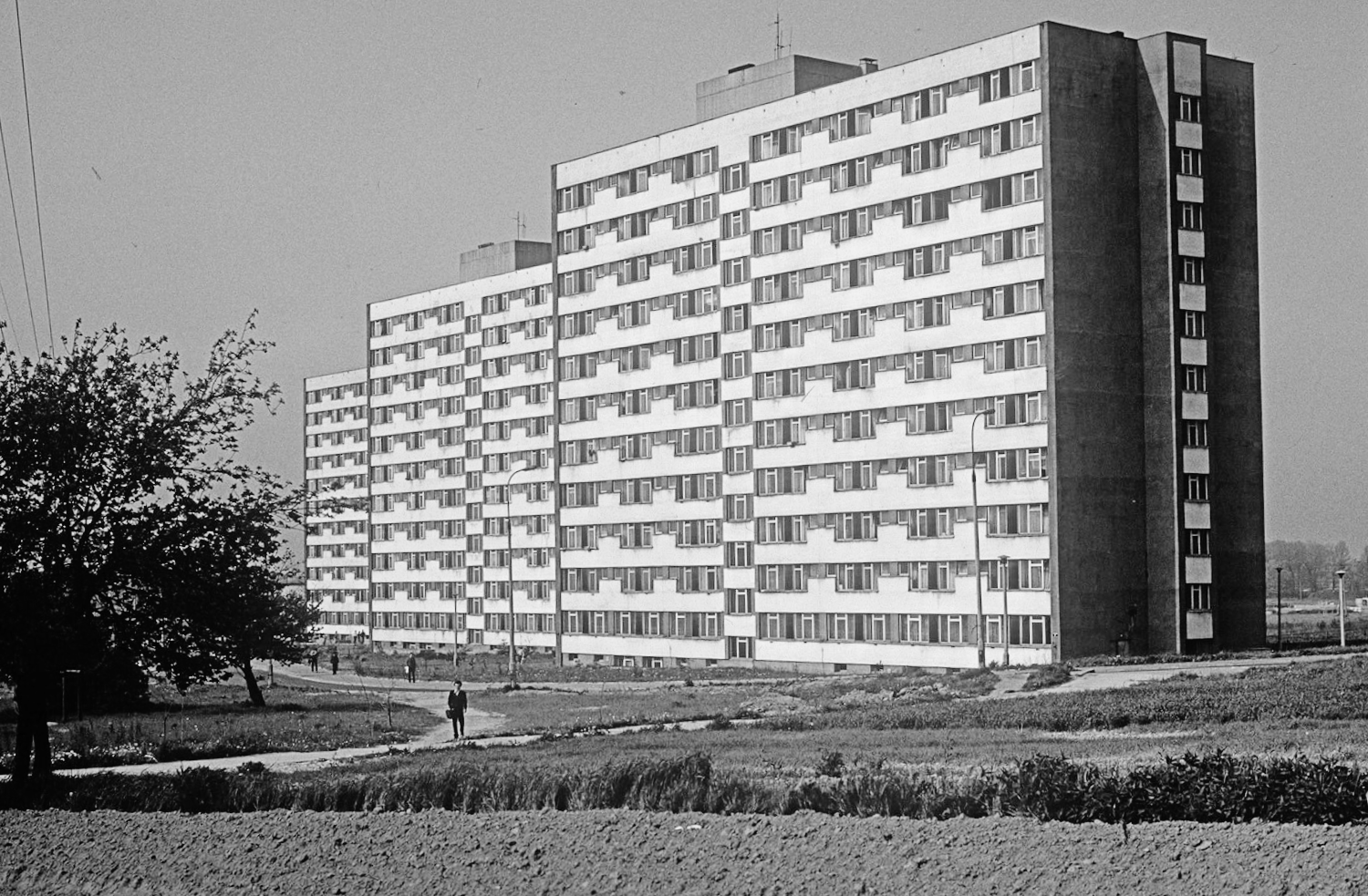 A black-and-white photograph showing three tall apartment buildings in the middle of an empty field. These are the dormitories of the Kraków University of Technology in Czyżyny, shortly after they were built.