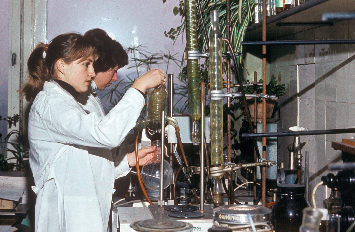 A photograph from the 1970s. The interior of a laboratory. On the right is a table covered with equipment and large glass flasks. Two young women in white lab coats are standing by the table with the chemical equipment.
