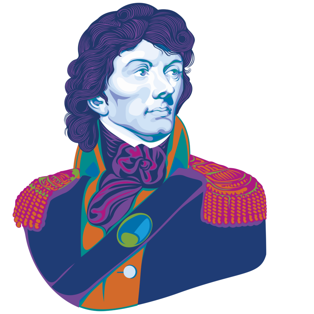 Colorful, illustrated portrait of Tadeusz Kościuszko