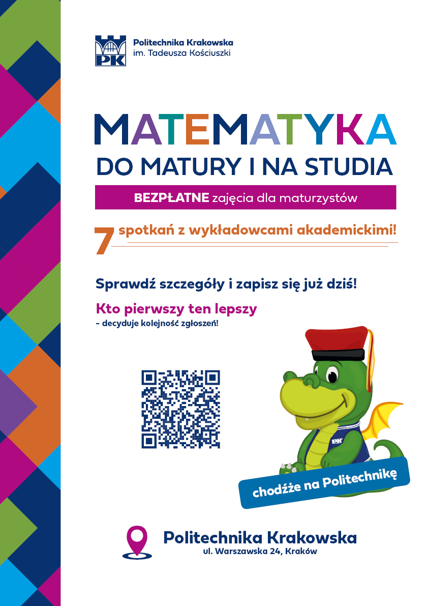 Plakat projektu z informacją o zajęciach i zapisach na nie. Na grafice pojawia się smok - maskotka Politechniki, w czerwonej czapce tzw. 