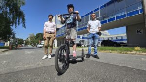 Three wheeled scooter at PK KUT university - photo showing the test of the scooter at the Faculty of Mechanical Engineering