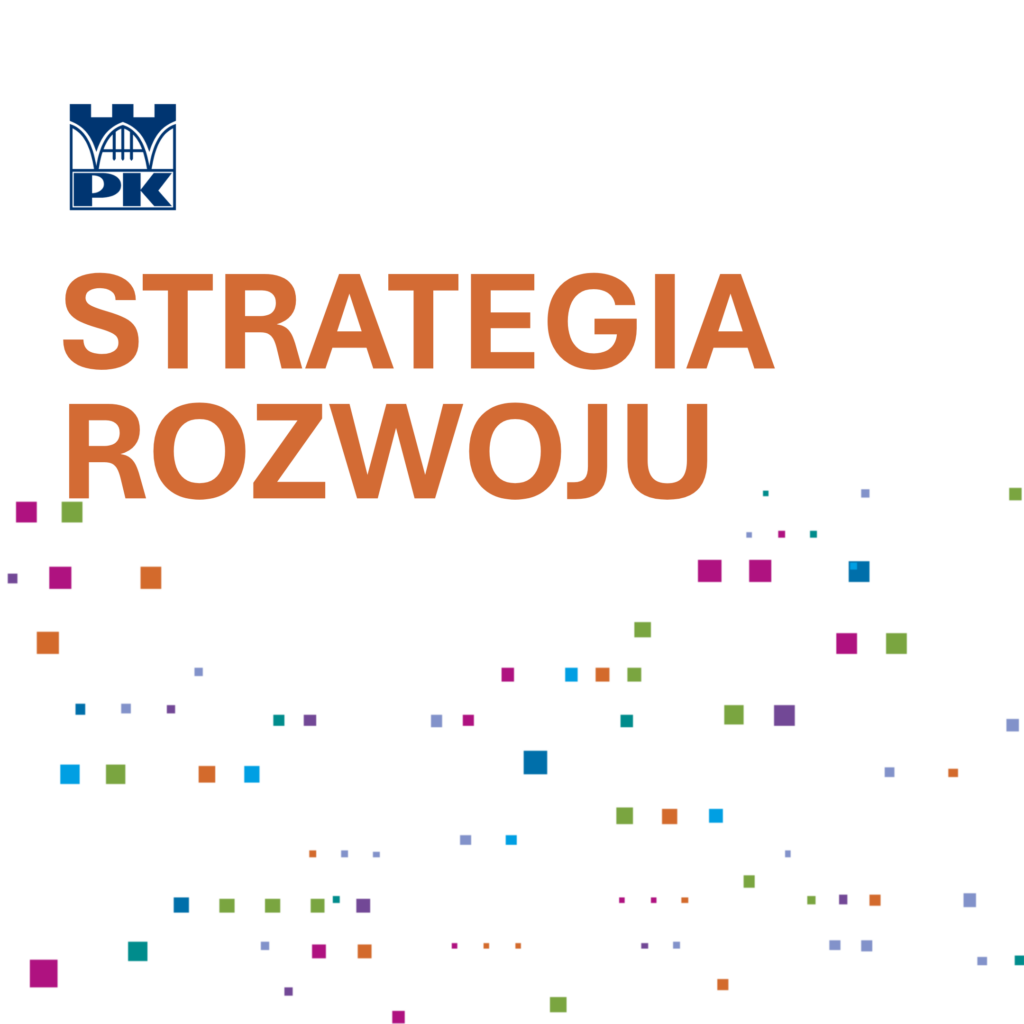 Grafika: białe tło, na dole kolorowe kwadraciki różnej wielkości. Na górze do lewej: granatowy sygnet uczelni i pod spodem pomarańczowy napis "strategia rozwoju"