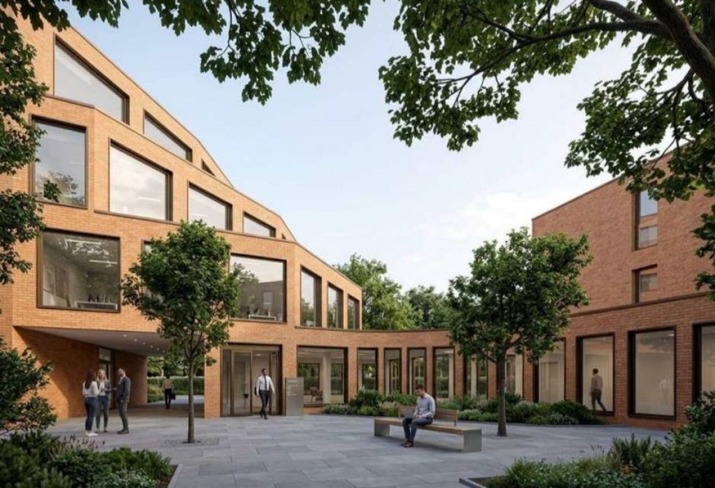 drzewa ceglany budynek jasne niebo in english jakś tak Visualisation of a courtyard project featuring people, trees, a brick building and a clear sky.