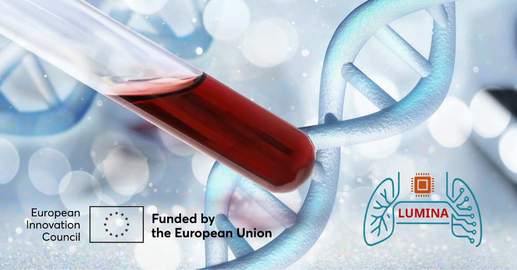 Blood sample vial representing AI-based research into lung cancer diagnosis and personalised treatment.
