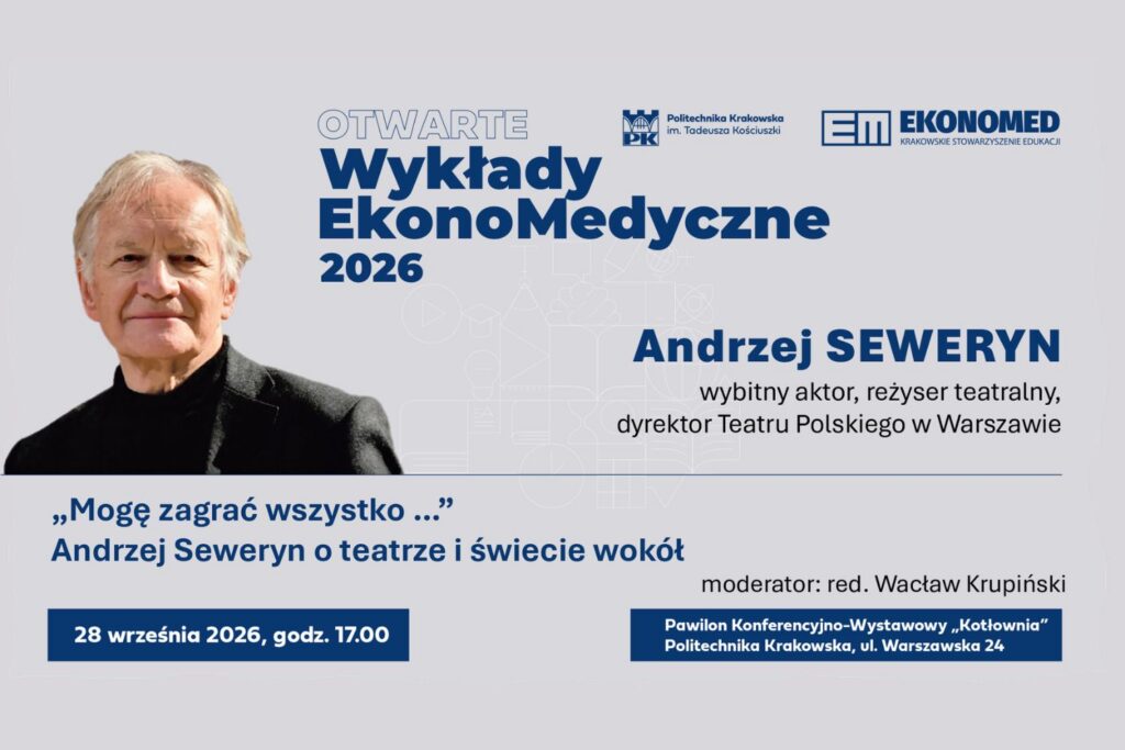 Plakat promujący wydarzenie EKONOMED i występ Andrzeja Seweryna